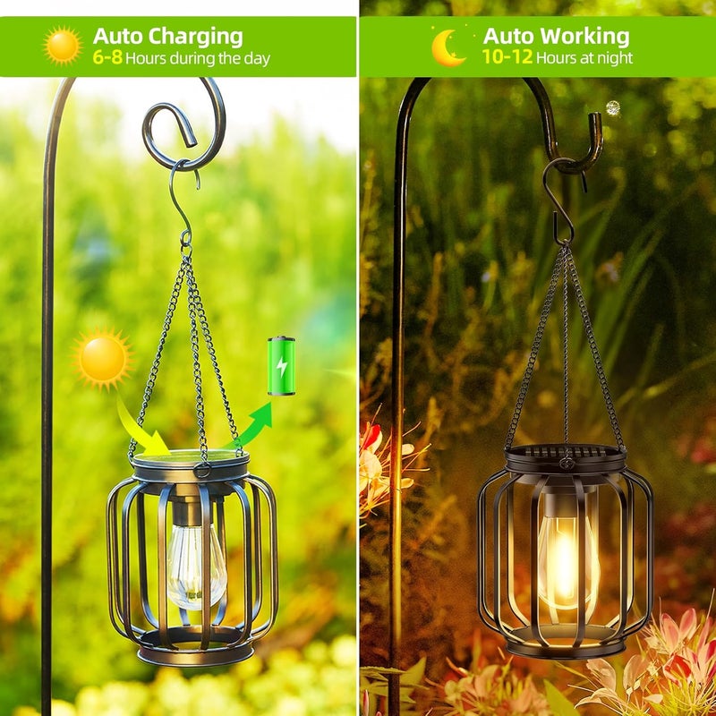 BONLION Solar Hanging Lanterns Outdoor Waterproof: 4 Pack Metal Solar-Powered Lights with Hook, Bright Warm Lantern Decor for Outside, Classic Outdoor Lighting for Yard Garden Patio Porch Balcony Decorations - Image 3